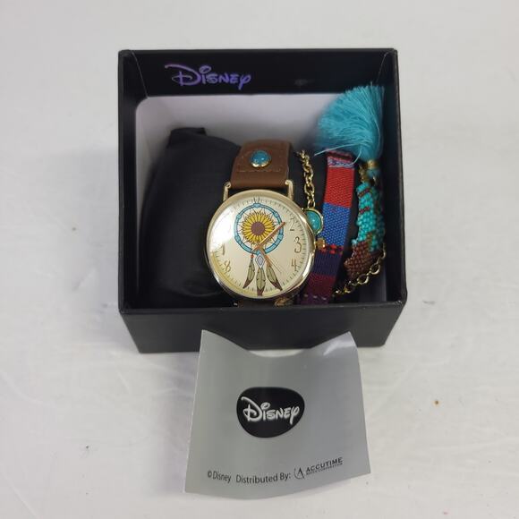 Disney NEW Pocahontas Brown Leather Watch Bracelet Set Beaded Tassel Teal - Picture 6 of 8